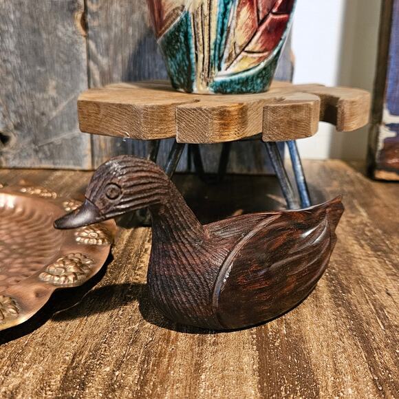 Rustic Wooden Duck Decoy Statue - Vintage Hand Carved Figurine 6x3 - Picture 3 of 10
